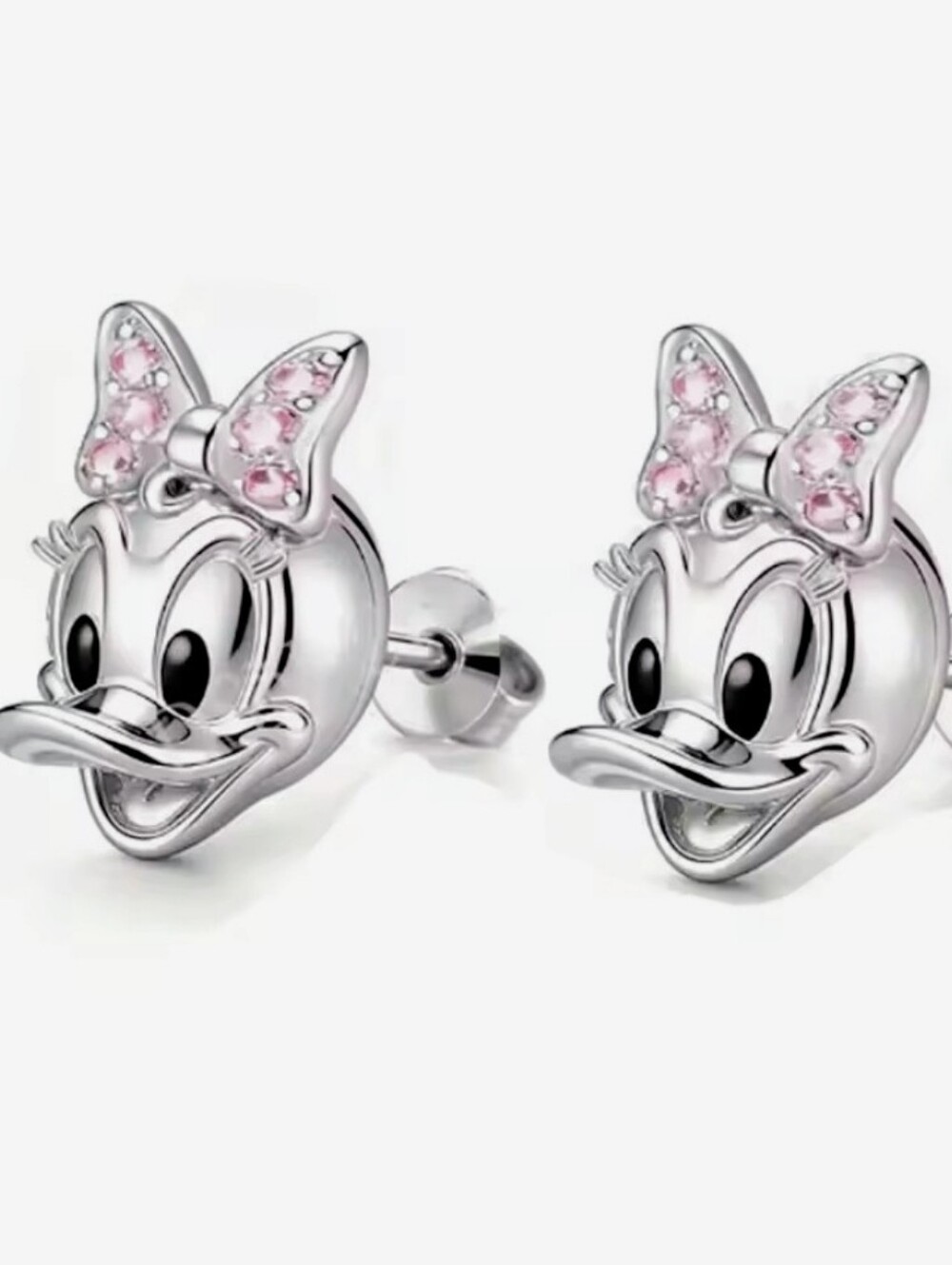 Disney Daisy Duck Silver Stud Earrings with Pink Bow Accents